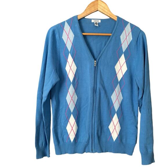 VINTAGE Y2K Pastel Argyle Cardigan Sweater Blue Pink Tennis Preppy Coastal Sz L - Picture 3 of 11